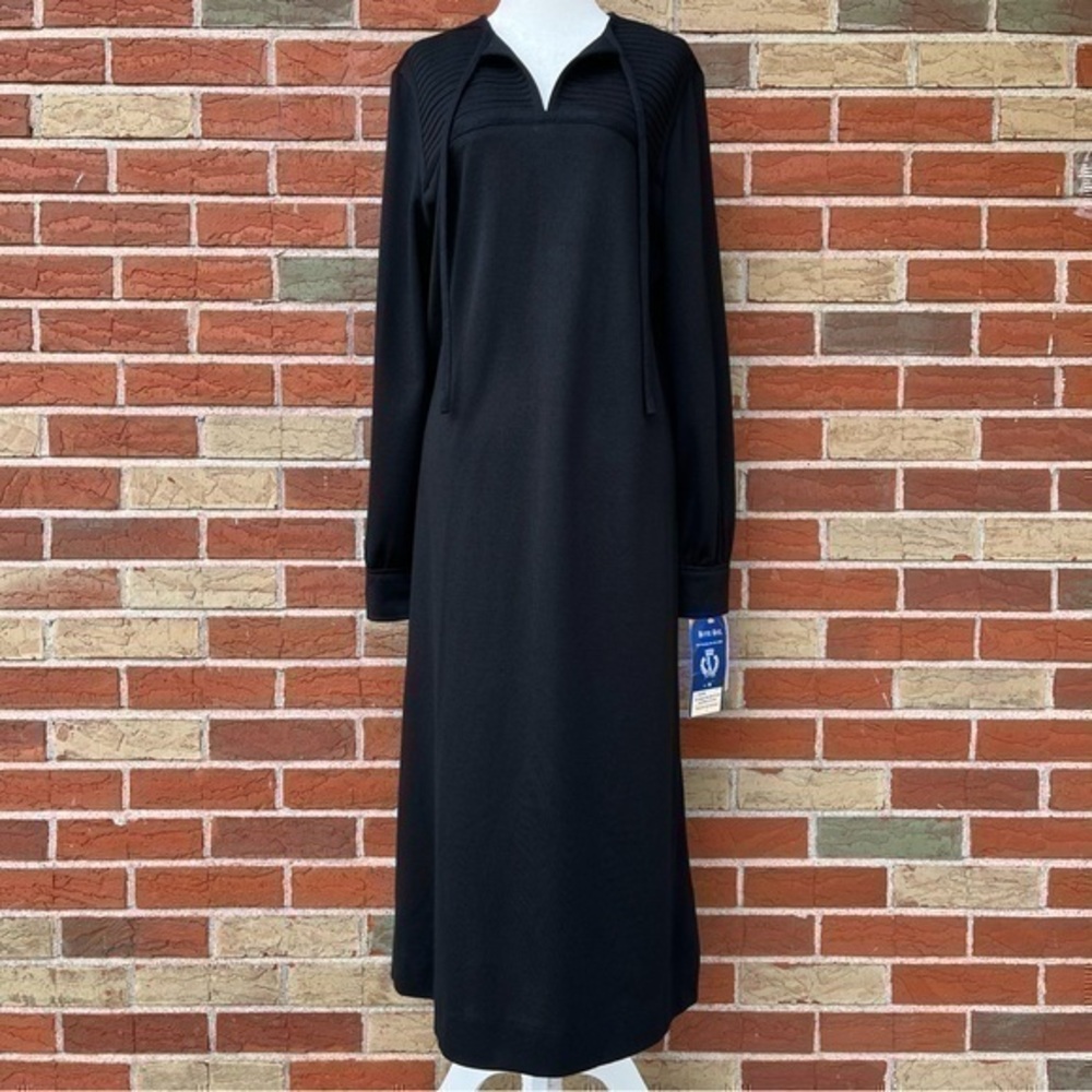 NWT Butte Knit Vintage 1970’s Wool Tie Neck Black Long Sleeve Maxi Shift Dress 👗